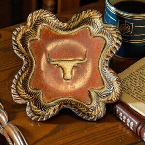 Handmade Studio Pottery Stoneware Longhorn Trinket Dish, Ashtray Rustic Ranch